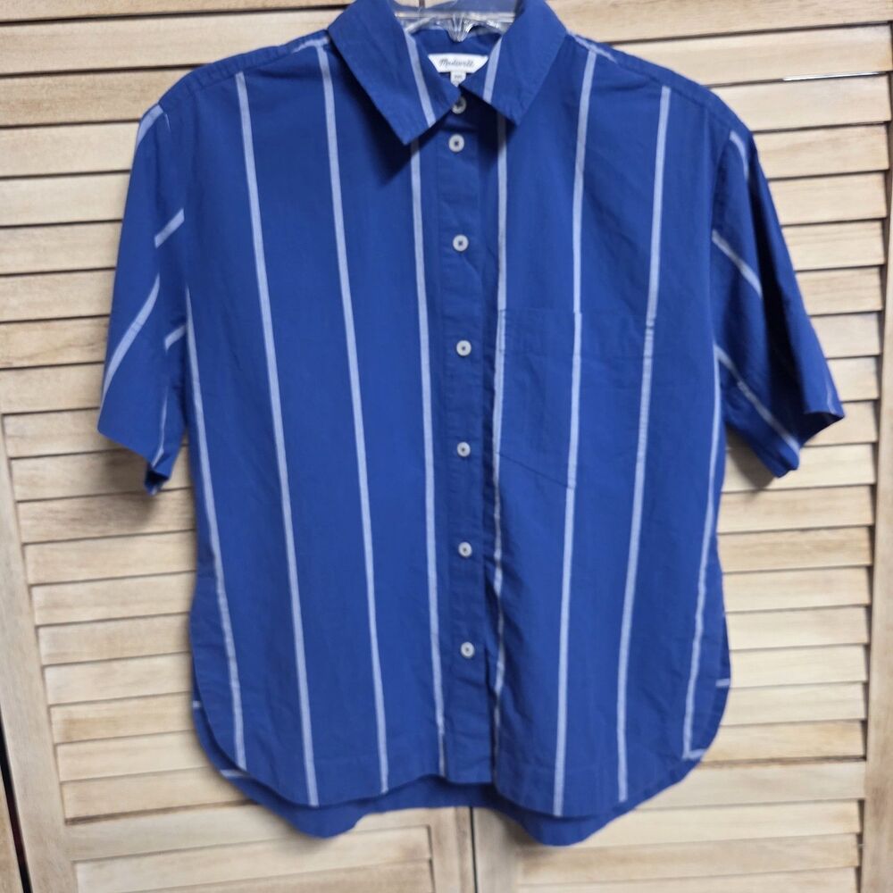 Madewell Blue White Striped Short Sleeve Cotton Button Down Boxy Shirt Size XXS